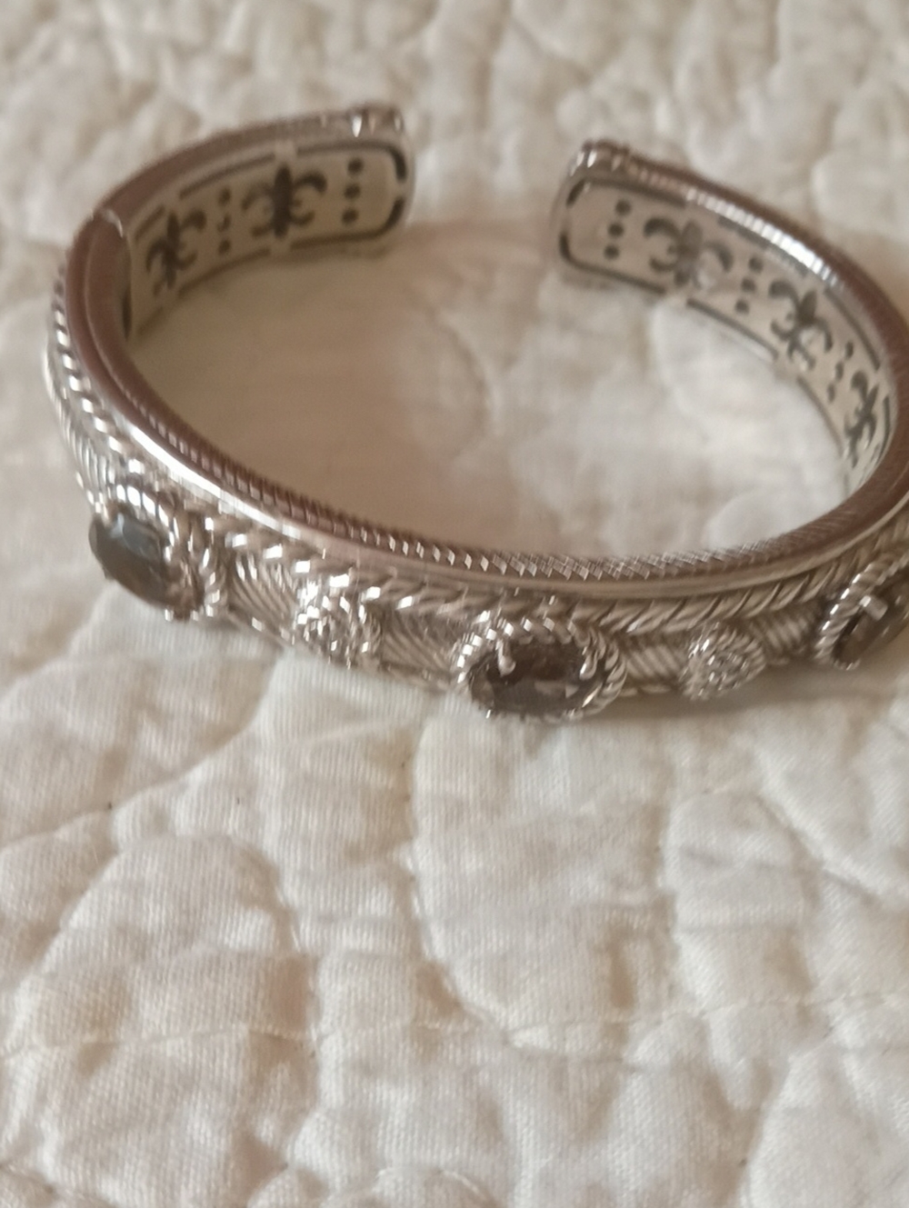 Judith Ripka Sterling Silver Ornate Cuff Bracelet, Smoky Topaz Stones EUC